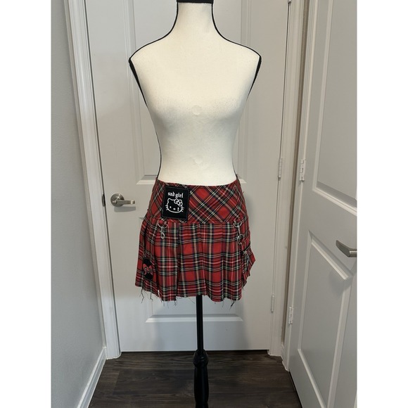 Dolls Kill Dresses & Skirts - Dolls Kill x Hello Kitty Red Plaid Pleat Punk Mini Skirt L Chains Patches Kawaii